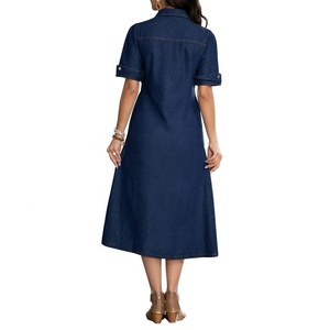 YUANBOFEI Women's Denim Shirt Dress Button Jean Ankle-Length <strong>Short</strong> Sleeve Dark Light Wash Casual Straight Elastic Waist Summer - Product Image 3