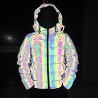 Manteau d'hiver matelassé coupe-vent à capuche avec logo avant en polyester/coton, épais et chaud, pour hommes et femmes, réfléchissant et lumineux, collection 2025