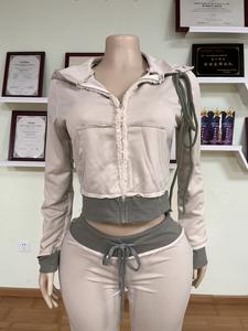 Sonbahar Kadın Günlük 2 Parça Takım Elbise Fitness Spor Eşofman Modası Renk Bloklu Kapüşonlu Üst + Örme Bol Paça Pantolon Takımı - Product Image 4