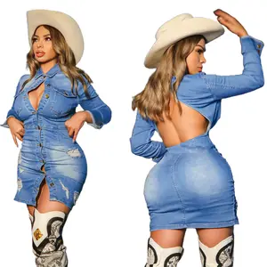 Wholesale boutique S-2XL fall clothing denim jeans hollow out backless sexy women's dresses