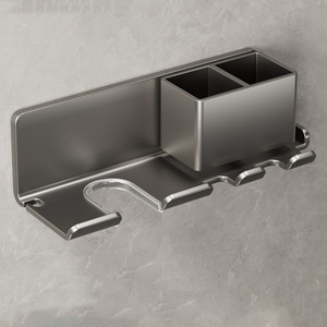 Support mural pour sèche-cheveux, support de rangement rectangulaire sans perforation avec organisateur pour salle de bain et toilettes, gris poudre - Product Image 4