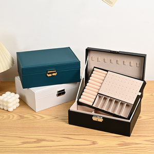 Kotak penyimpan perhiasan beludru 2 lapisan, wadah penyimpanan kulit dengan kunci untuk anting wanita, Kalung Gelang - Product Image 1