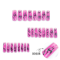 24 faux ongles carrés extra longs rose et noir style gothique flamme, à presser, avec bord ondulé 3D, en acrylique Y2K pour femme, pour soirée