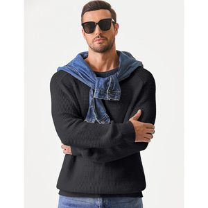 FOXA Men's Crewneck <b>Pullover</b> <b>Sweater</b> Waffle Knit Ribbed Edge Casual Loose Fit <b>Sweater</b> Standard Thickness 100% Acrylic - Product Image 2