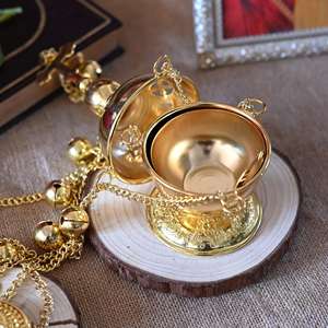 Incensario Colgante Ortodoxo Oriental HT, Incensario de Aleación de Zinc Dorado con Cadena y Campanas con Cruz Ortodoxa - Product Image 5