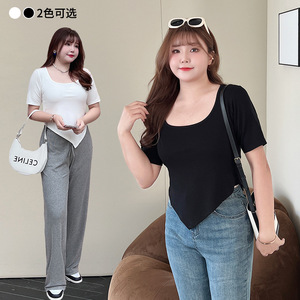 Runqi N8366 Blusa Modal Asimétrica de Cuello Cuadrado para Mujer, Manga Corta, Talla Grande, Color Sólido, Estilo Casual - Product Image 2