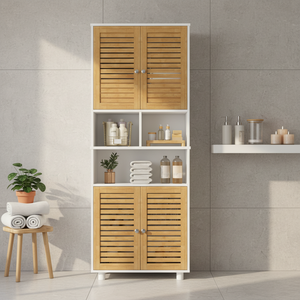 Armoire <span class=keywords><strong>de</strong></span> salle <span class=keywords><strong>de</strong></span> bain haute et moderne, gain <span class=keywords><strong>de</strong></span> place, avec 3 compartiments ouverts, étagères réglables, 4 portes en bambou pour utilisation en salle <span class=keywords><strong>de</strong></span> bain - Product Image 2