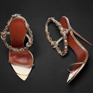 Sandales à talon aiguille pour femme, grande taille 45, à bride unique, avec bride de cheville en métal et strass, pour soirée, coupe large - Product Image 5