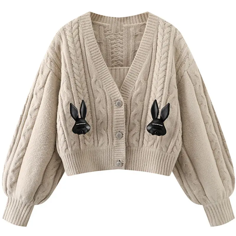 knitted Rabbit Khaki Twisted Short Knitted Cardigan Autumn And Winter Classic Style High Waist Sweater Coat Women's Clothing