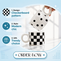 Mug à café moderne en porcelaine noire et blanche LEXI Nordic, motif géométrique en damier, grande poignée, logo personnalisé, café, thé, lait, eau
