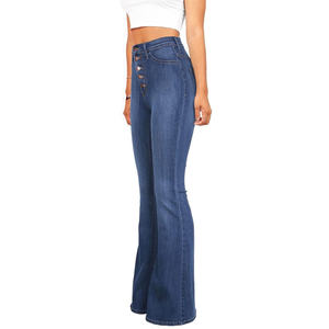 Support <strong>Custom</strong> High Waisted Multi <strong>Button</strong> Flared Jeans in a Classic Dark Blue Style Easily <strong>Creating</strong> the Look of Long Legs - Product Image 3