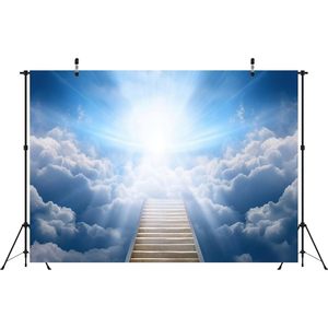 Decorazione murale 7 x5ft tessuto sfondo cielo ha inviato scale a tema <span class=keywords><strong>paradiso</strong></span> dio benedire la luce santa cielo blu nuvole per eventi della chiesa - Product Image 6