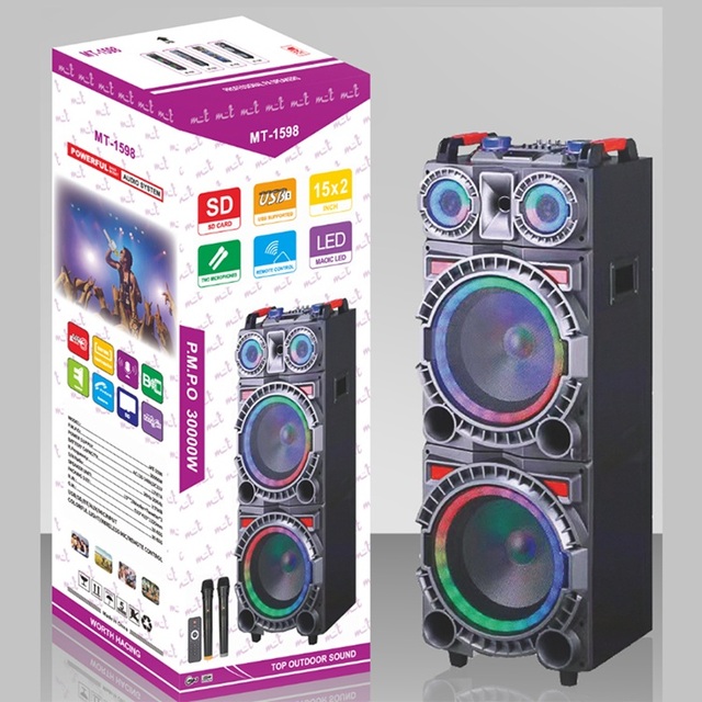 High Power 200W 15-Inch Dual Karaoke Party Speaker with RGB LED DJ Ball Light for 5.3 Portable Wooden Box