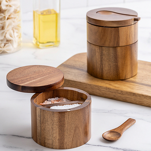 Saliera in <span class=keywords><strong>legno</strong></span> massello con coperchio e ciotola cucchiaio, <span class=keywords><strong>legno</strong></span> di Acacia condimenti a doppio strato pepe contenitore per <span class=keywords><strong>spezie</strong></span> - Product Image 6