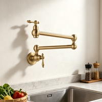 Robinet de cuisine mural doré brossé, double articulation, pivotant et pliable