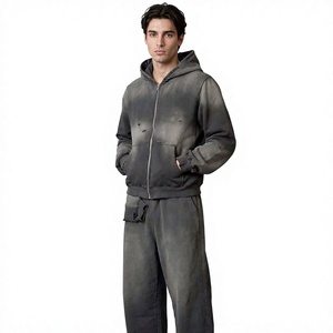 Conjunto Deportivo para Hombre con Capucha y Efecto Desgastado, Sudadera con Cremallera Completa y Pantalones, Corte Regular, Color Sólido, Casual, Transpirable, Ligero, para Invierno - Product Image 1