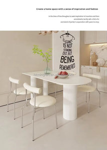 Juego de Mesa y Sillas de Comedor de Piedra Blanca Pura Estilo Crema, Mesa de Comedor Semicircular Moderna, Minimalista y Compacta para el Hogar - Product Image 3