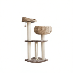 Rattan <b>Cat</b> Tree 41 Inch 2 Levels With Napping <b>Perch</b> For <b>Cats</b> Indoor Scratching Post Minimalist Design Beige - Product Image 1