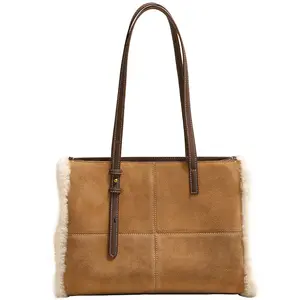 2021 Fall Winter Luxury Women Purse Handbag Shoulder Tote Hand Bag Ladies Large Capacity Genuine Leather Laptop Handbag With Fur