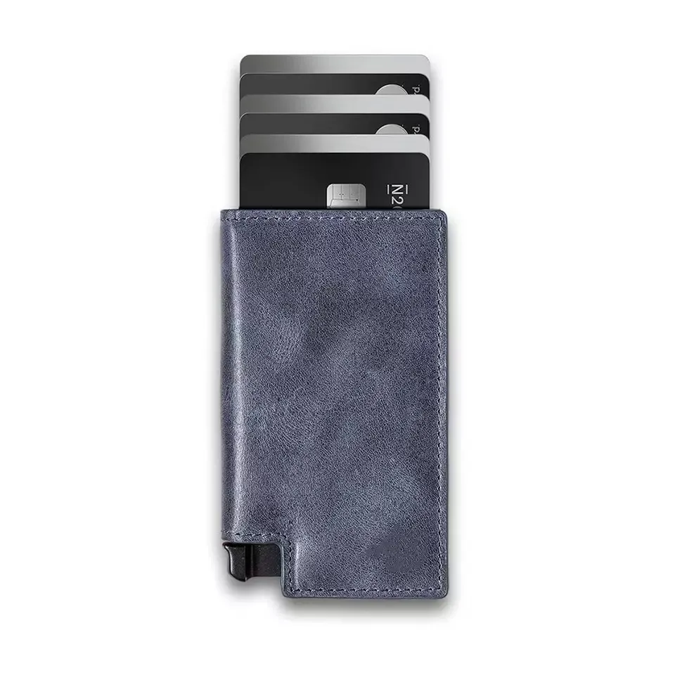 Leather Card Holder Wallet Men Automatic Pop Up ID Card Case Slim Minimalist RFID Blocking Male Pop Up Wallet With Money Strap