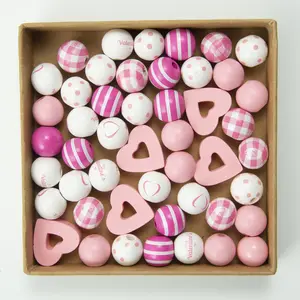Wholesale Jewelry Making Diy Valentine's Day 25mm Heart Shape Hollow Wood Printed Beads For Jewelry Making