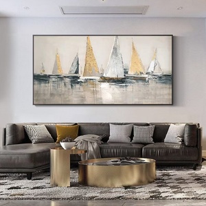 Tableau mural abstrait en toile texturée avec voilier doré, peinture artisanale, cadeau idéal pour l'inauguration d'une maison - Product Image 6