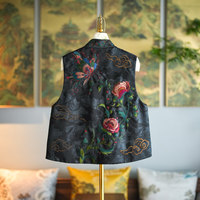 Gilet personnalisé pour femme brodé de papillons et de fleurs, col montant, en soie Xiangyun noire, style chinois élégant 5243