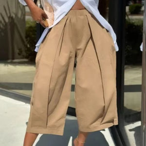 Pantalon Capri Décontracté Taille Mi-Haute Écologique Couleur Unie Ample Jambe Large en Crêpe pour <span class=keywords><strong>Femme</strong></span> – Idéal Été - Product Image 1