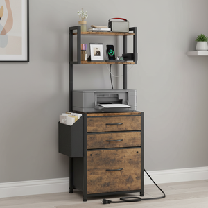 Meuble de <span class=keywords><strong>rangement</strong></span> en bois à 3 tiroirs avec station de charge pour bureau à domicile, <span class=keywords><strong>support</strong></span> d'<span class=keywords><strong>imprimante</strong></span> multifonctionnel haut de gamme à grande capacité - Product Image 1