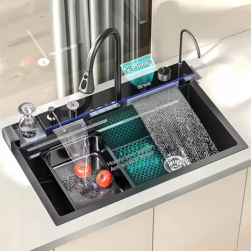 Wastafel dapur multifungsi, wastafel Anti gores tampilan Digital LED dengan cangkir mesin cuci