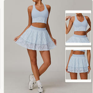 Set pakaian olahraga wanita, setelan 2 potong pakaian olahraga tenis, rok renda, Bra Racerback, celana pendek bawaan, pakaian olahraga - Product Image 4