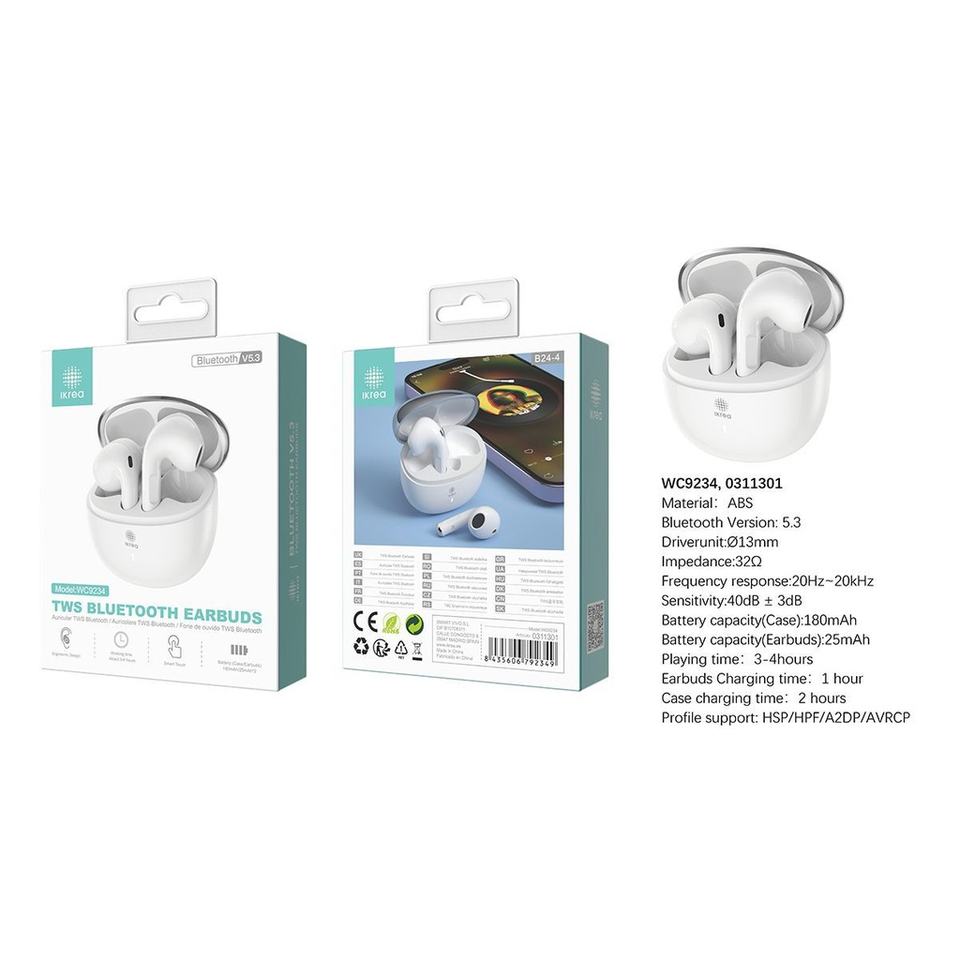 TWS Bluetooth V5.3 Wireless Earphones ABS 180mAh/25mAh White - Audio Accessories