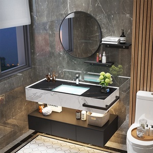 Vasque de salle de bain en pierre de roche avec combinaison de lavabo, style luxueux moderne, double vasque de 60 pouces et miroir avec rangement - Product Image 5