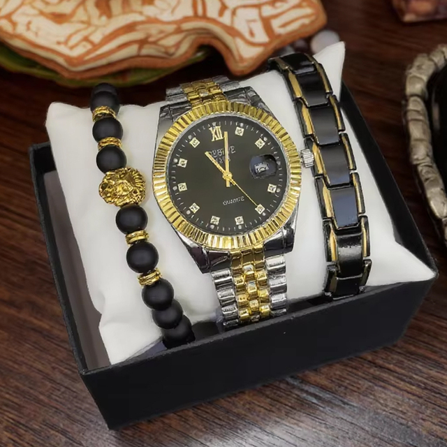 Men's High Quality Calendar Quartz Watch Bracelet 2 Luxury Business Fashion Watches Gift Set 42mm Dial Gold Watch