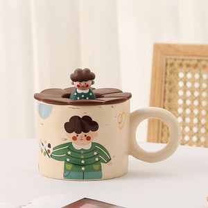 Tasse à café en céramique haut de gamme avec motif de bande dessinée mignon Capacité de 500ml Tasse de petit déjeuner Couples Tasse à eau Couvercle Impression personnalisable - Product Image 4