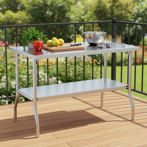 Équipement de <span class=keywords><strong>cuisine</strong></span> OEM : Table de travail pliante en acier inoxydable argenté, robuste et durable, avec rangement intégré et protection anti-éclaboussures, pour usage hôtelier - Product Image 6