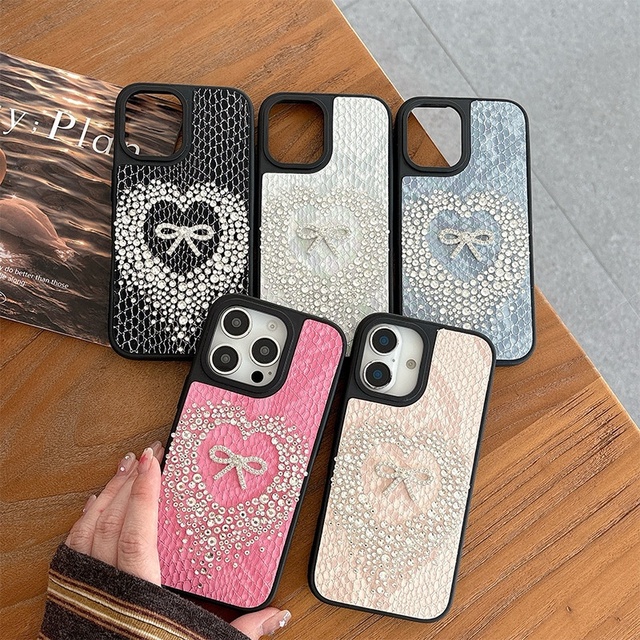 Rhinestone Bowknot Heart Luxury PU Phone Case for iPhone 17 Pro Max 16 Women's Fashion Shockproof Phone Cover for 15 Plus 14 13