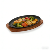 Plaque de cuisson ovale en fonte avec base en bois, antiadhésive, pour steak, idéale pour la maison, les restaurants et les barbecues – Offre Spéciale