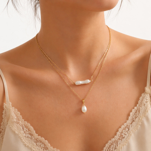 Colliers vintage à <span class=keywords><strong>double</strong></span> couche en acier inoxydable plaqué PVD 18K, chaînes multi-liens, perles d'eau douce naturelles de haute qualité, style baroque - Product Image 2