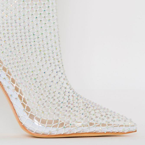 White Pointed Toe <b>Booties</b> for Women Thin High Heel Slip-on Mesh Upper Summer Short Shoes Rhinestone Ornament Fishnet <b>Ankle</b> Boot - Product Image 4