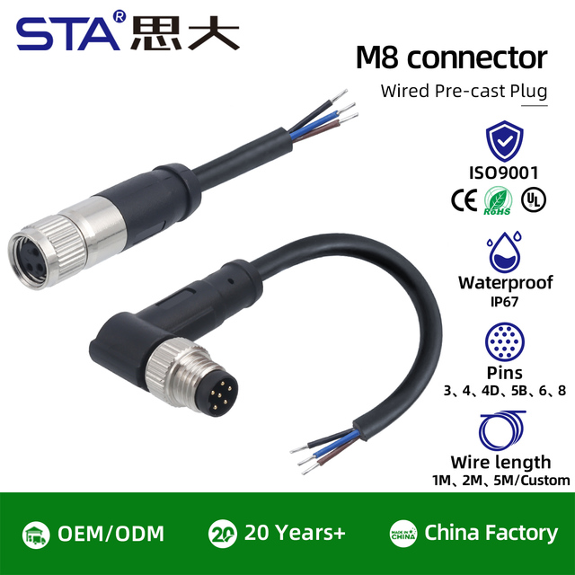 M8 IP67 Waterproof Connector Metal Interface Straight /Right Angled Male Aviation Plug Molding Cable 3 4 Pin 5B Code 1M 2M 5M
