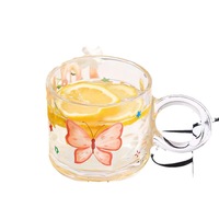 Ensemble de 2 tasses à café en verre à motif papillon de 300 ml avec anse surdimensionnée, tasse à thé pour la maison, le bureau, le café, cadeau
