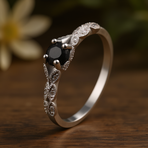 Classic <b>Black</b> Onyx Engagement <b>Ring</b> For <b>Women</b>, Stainless Steel With Prong Setting And Diamond Accents, H398 Model - Product Image 2