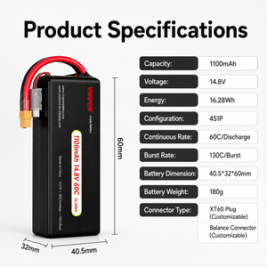 Batterie de drone du fabricant 1100mAh 14.8V 60C à décharge rapide, longue autonomie, cellule de drone pour la photographie aérienne de course - Product Image 2
