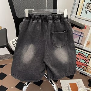<span class=keywords><strong>Short</strong></span> en jean pour <span class=keywords><strong>homme</strong></span> noir gris délavé, taille élastique avec cordon de serrage, boutons latéraux, style streetwear, coupe décontractée - Product Image 5