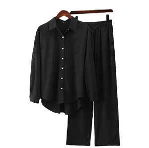 Nouvel ensemble décontracté pour femme : chemise ample à manches longues et pantalon large, motif uni et décoration vintage - Product Image 2