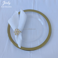 JINDY Assiettes de Présentation Rondes Transparentes en Verre avec Bord Doré pour Restaurants et Mariages, 13 Pouces, Vente en Gros