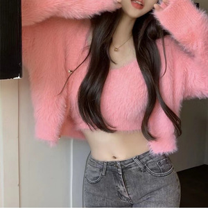 2023 otoño mujer nueva llegada cuello en V manga larga botones individuales Tops sólidos con Crop Short Tops conjunto de suéter de felpa - Product Image 2