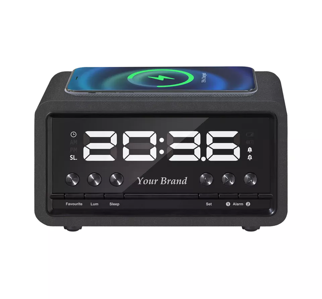 Wooden Digital Alarm Clock FM Radio Bedside Desk Fast Wireless Charger Station TYPE-C Charging Port