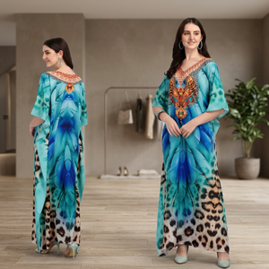 Caftan imprimé numérique taille libre pour femmes confortable polyester crêpe qualité exportation pierre travail parole longueur plage automne - Product Image 3